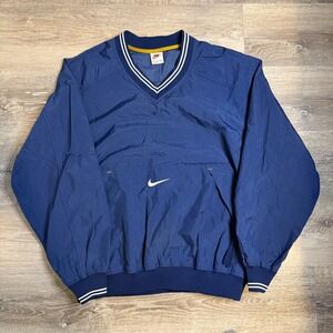 Vintage 90s Nike Navy Blue V-Neck Windbreaker Pullover Center Swoosh Mens Medium